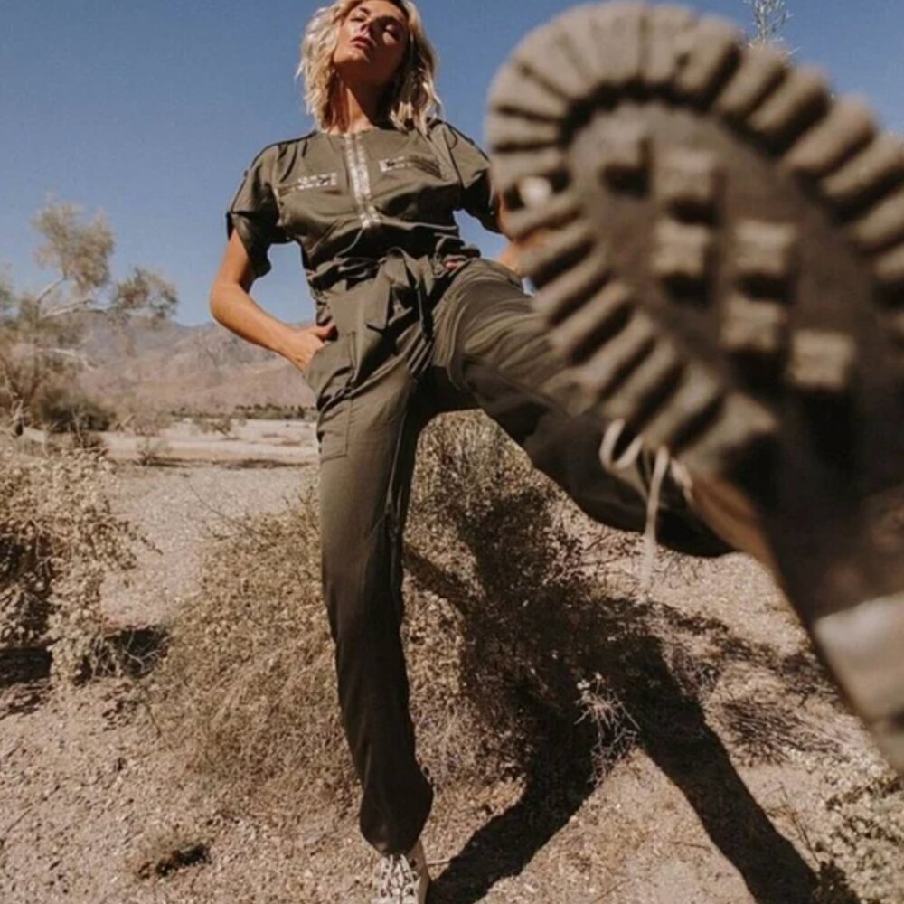 NEW INSPR‎ x Tezza Terrarium Moon Jumpsuit Size Medium Utility Moss Green